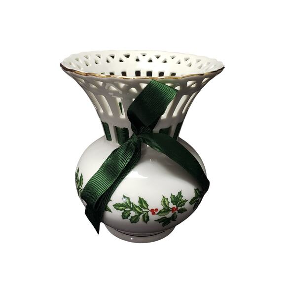 Formalities Holly Collection Latticework Porcelain Christmas Vase Gold Trim 6" - Picture 1 of 9